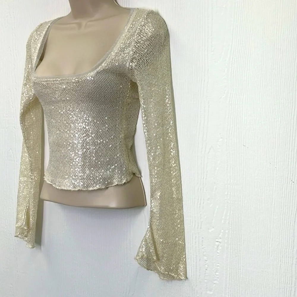 Free People - Late Night Disco Ivory Silver Sequins Embellishment Crop Blouse XS